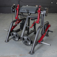 Thumbnail for Red and black iso-lateral biceps curl machine with a padded armrest and 25lb weight plates.