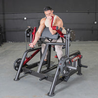 Thumbnail for Man using a black and red biceps curl machine with 25lb weights in a gym.