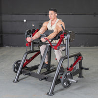 Thumbnail for Man using a black and red biceps curl machine with 25lb weights in a gym.