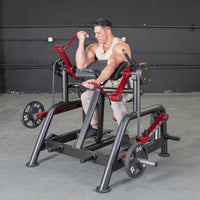 Thumbnail for Man using a black and red biceps curl machine with 25lb weights in a gym.