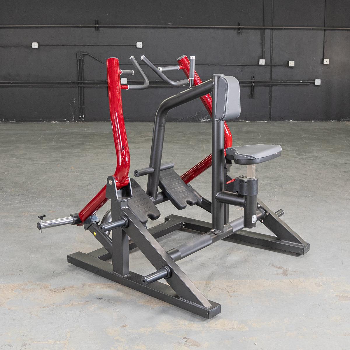 Red and black iso-lateral seated row machine with a gray seat and backrest.