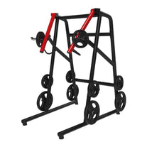 Thumbnail for Black strength trainer with red handles and multiple weight plates on a white background.