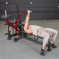 Thumbnail for Man using a red and black lying pec fly machine in a gym.