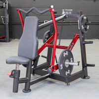 Thumbnail for Red and black overhead triceps extension machine with gray padded seat and weight plates.