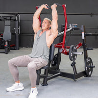 Thumbnail for Man using a red and black overhead triceps extension machine with weight plates in a gym.