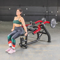 Thumbnail for Woman performing seated dips on a black and red Power Leverage V2 machine with weight plates.