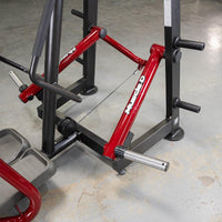 Thumbnail for Close-up of a red and black standing abductor machine with foot platforms and weight plate holders.