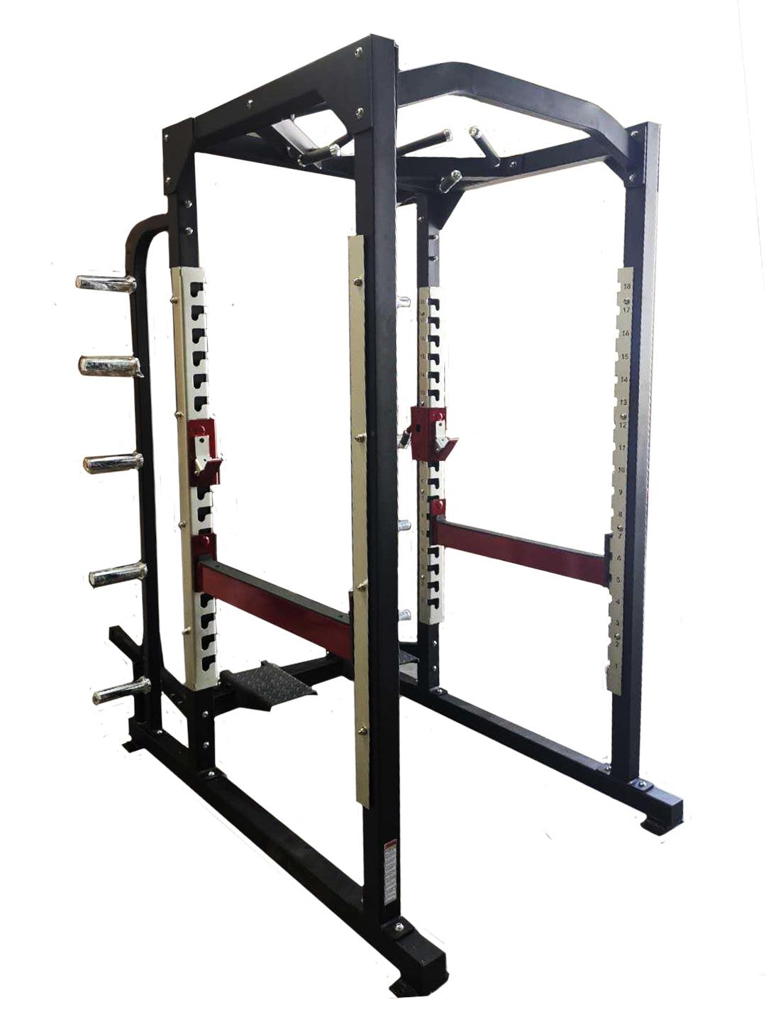 Black and red power cage with pull-up bar, weight storage pegs, and safety spotters.
