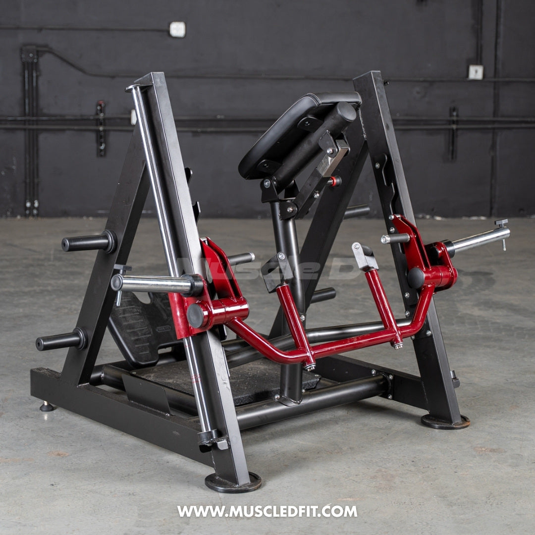 Black and red chest-supported linear bearing row machine with a padded chest rest and weight plate holders.