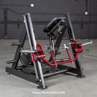 Thumbnail for Black and red chest-supported linear bearing row machine with a padded chest rest and weight plate holders.