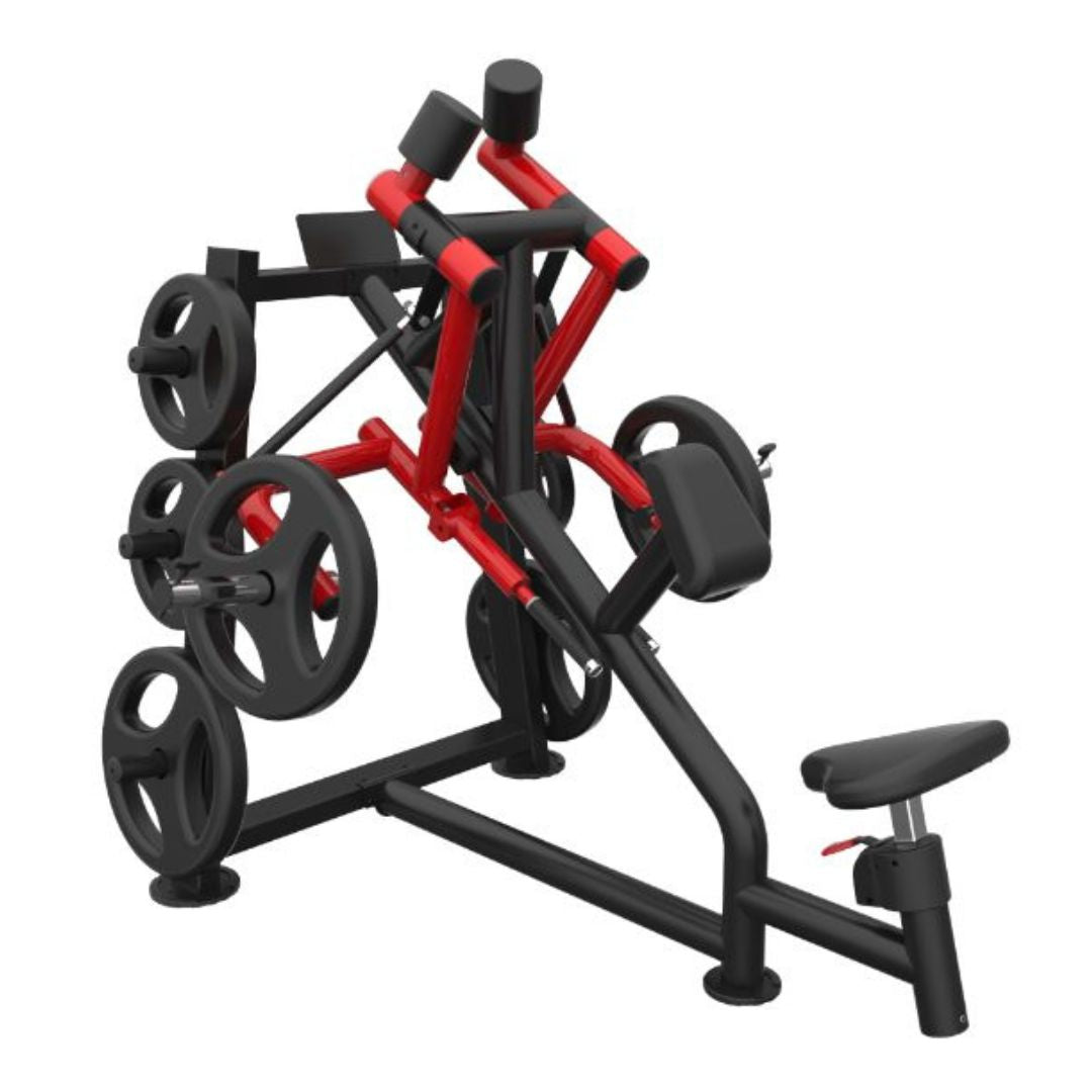Red and black rear delt machine with weight plates, seat, and chest pad on a white background.