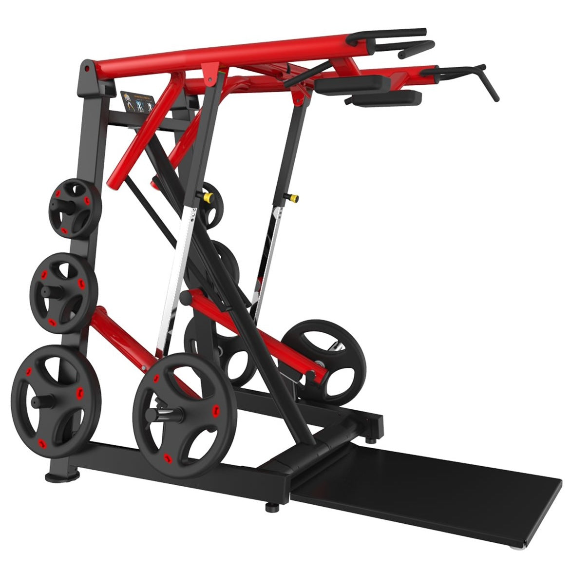 Red and black Viking press and calf raise machine with weight plates and a foot platform.
