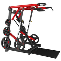 Thumbnail for Red and black Viking press and calf raise machine with weight plates and a foot platform.