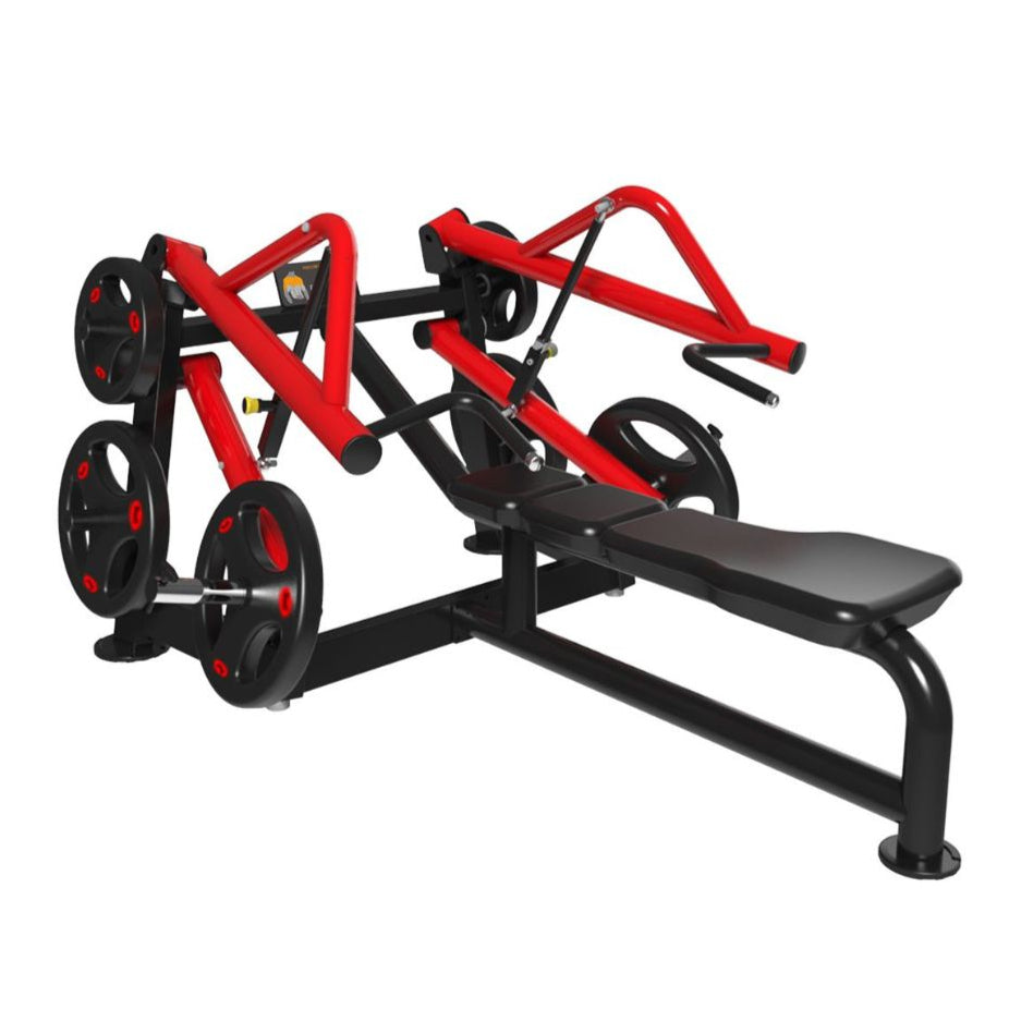 Red and black horizontal chest press machine with a padded bench and weight plate holders.
