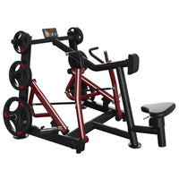 Thumbnail for Red and black iso-lateral seated row machine with weight plates and a small screen.