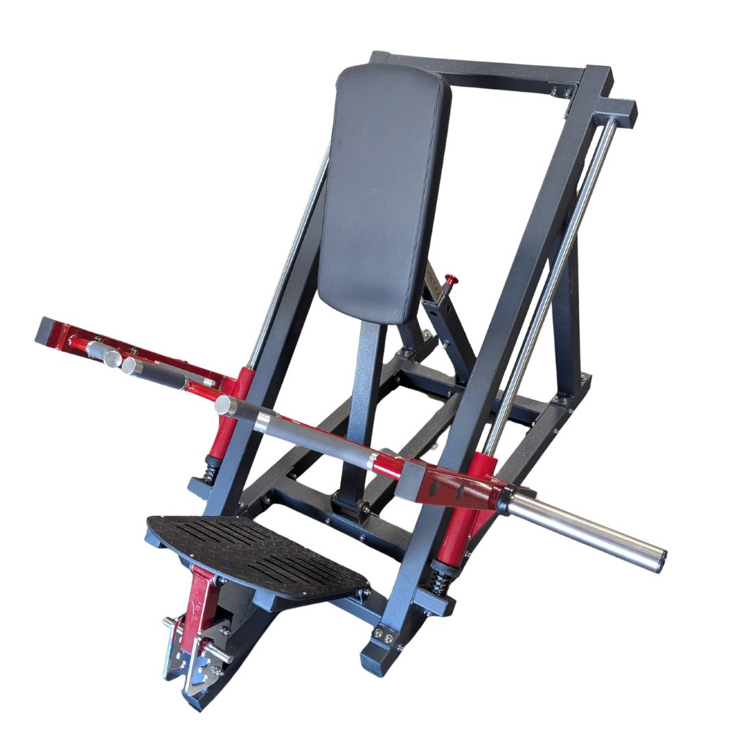 Black and red linear bearing row machine with a padded seat, footplate, and multiple grip handles.