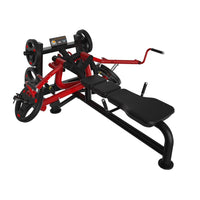 Thumbnail for Red and black pec fly machine with an adjustable bench and weight plate holders.