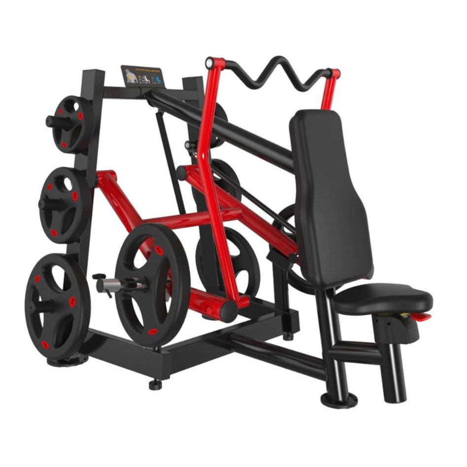 Black and red overhead triceps extension machine with a padded seat and backrest, and weight plate storage.