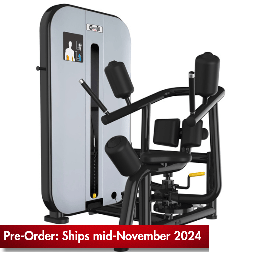 Black and gray rotary torso fitness machine with adjustable seat and pin selectorized weight stack.
