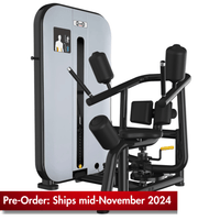 Thumbnail for Black and gray rotary torso fitness machine with adjustable seat and pin selectorized weight stack.