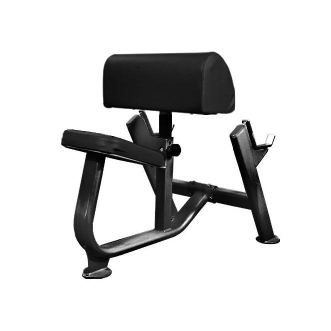 Black preacher curl bench with adjustable seat and barbell rests.