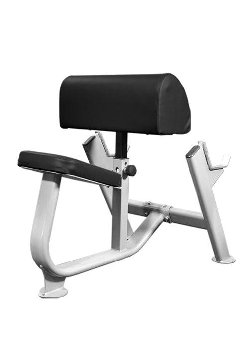 Preacher curl bench with black pads and light gray frame, featuring an adjustable seat and bar holders.