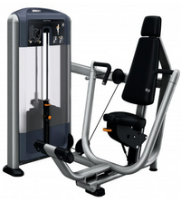 Thumbnail for Precor Discovery Series Selectorized Chest Press machine with black padded seat and backrest, gray frame.