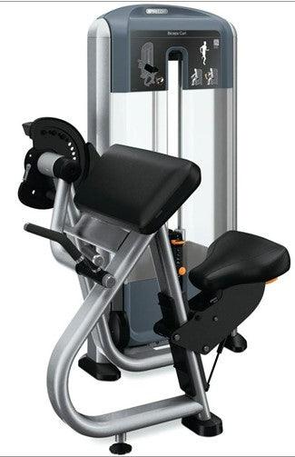 Silver and black Precor Discovery Series Biceps Curl machine with weight stack.