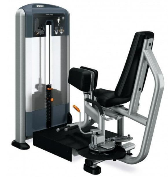 Precor Discovery Series Selectorized Inner Thigh machine with black padded seat and backrest, gray frame, and weight stack.