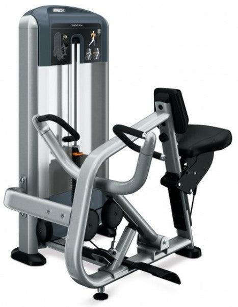 Precor Discovery Series selectorized seated row machine with black seat and silver frame.