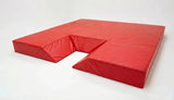 Red vinyl pole vault pit mat with a U-shaped box cutout on a white background