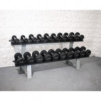 Thumbnail for Two-tier rack of black rubber dumbbells, ranging from 5lb to 50lb.