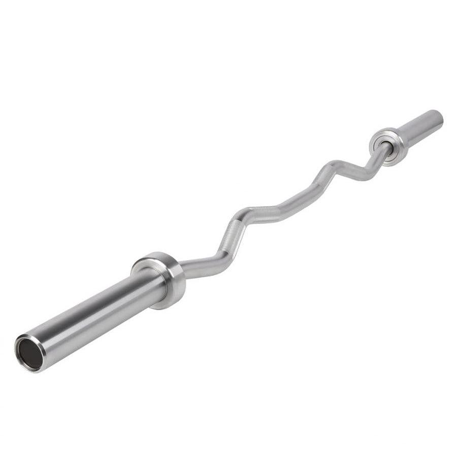 Silver hard chrome curl bar with ergonomic angles on a white background.