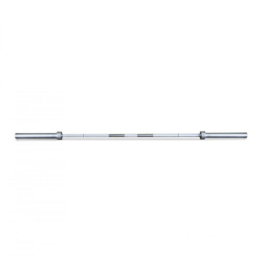 Silver hard chrome economy barbell on a white background.