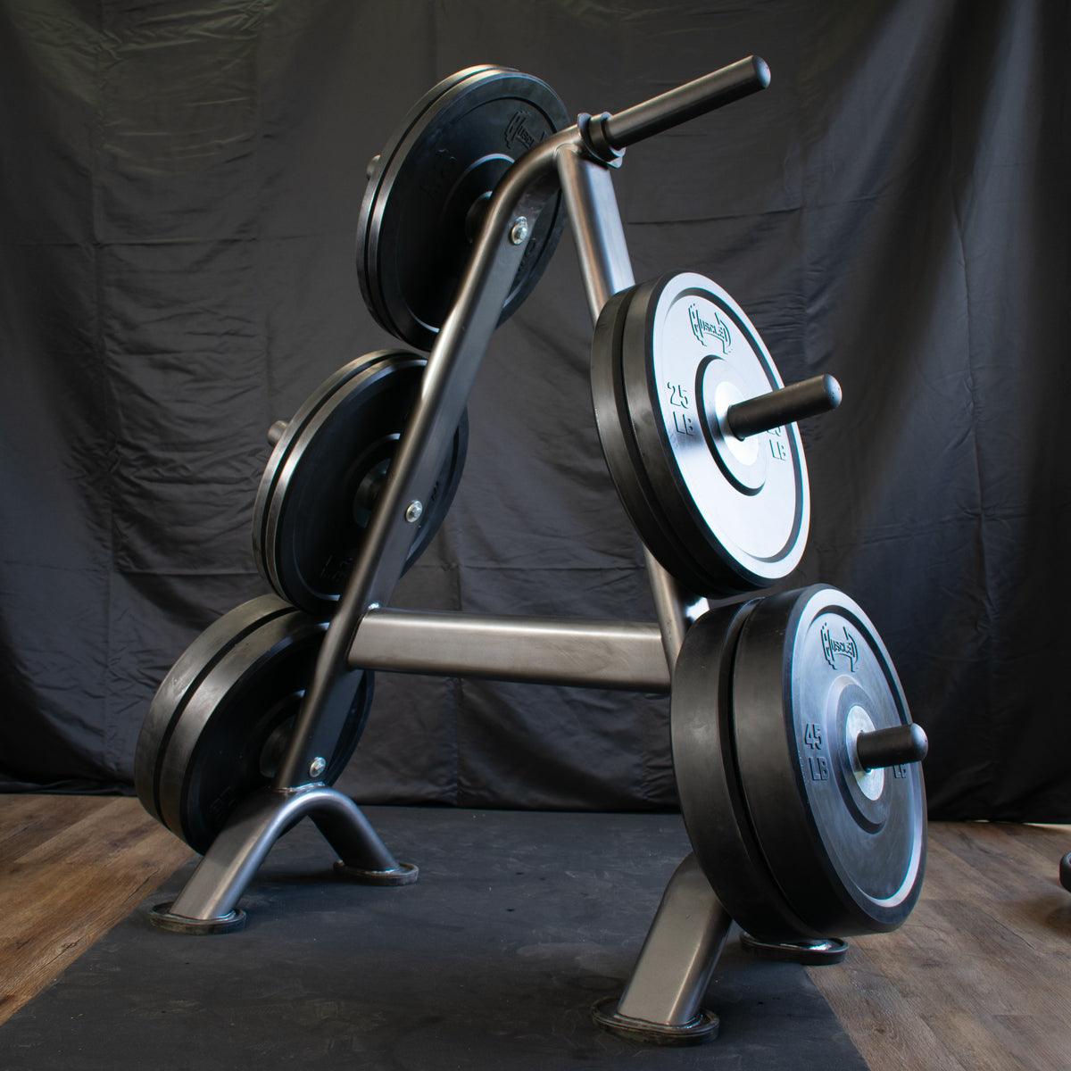 Weight plate rack with black bumper plates, including 25 lb and 45 lb plates, on a black mat.