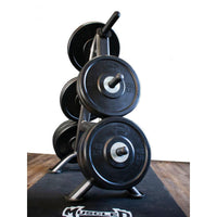 Thumbnail for Black bumper plates on a weight rack with 25lb and 45lb plates visible.