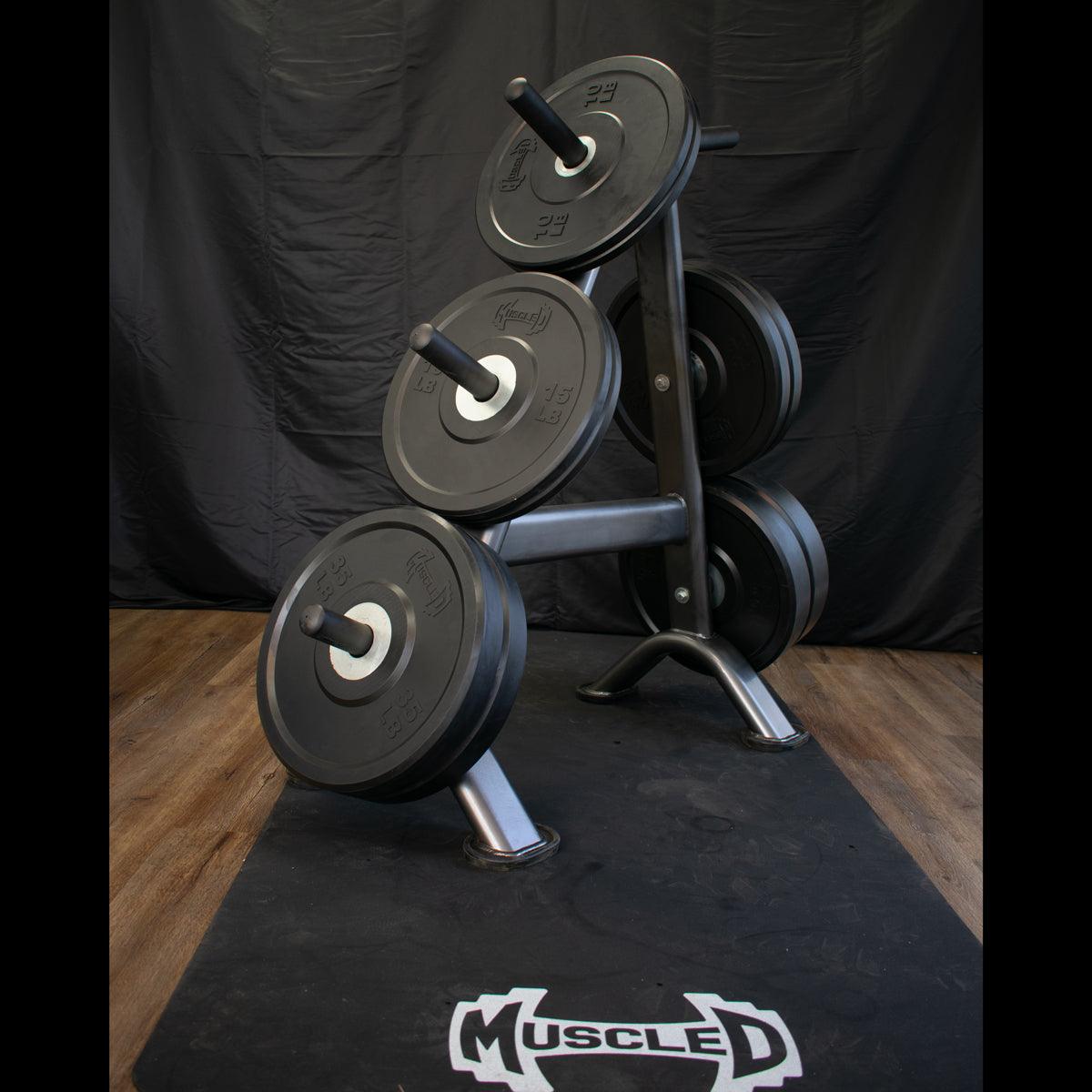 Black bumper plates on a weight rack with a Muscle D Fitness logo mat.
