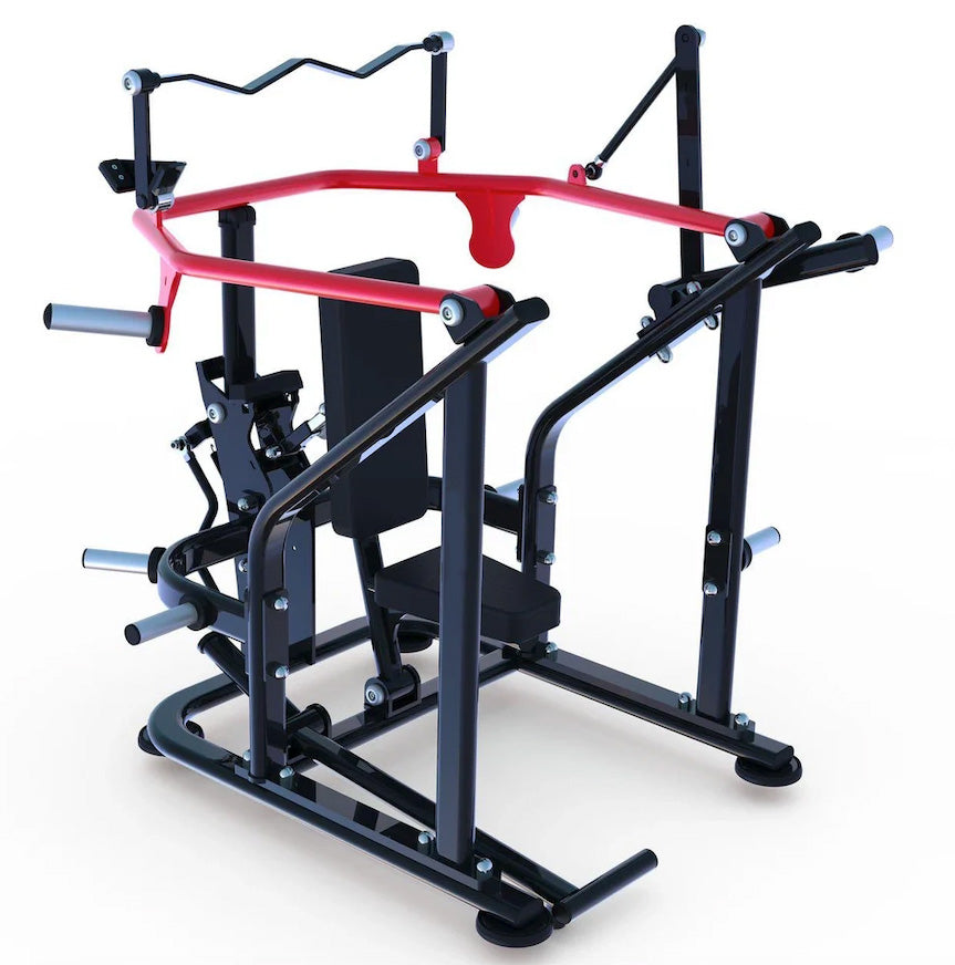 Black and red overhead triceps extension machine with a padded seat and multiple grip options.