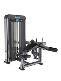 Thumbnail for Gray and black prone leg curl machine with padded bench and weight stack.