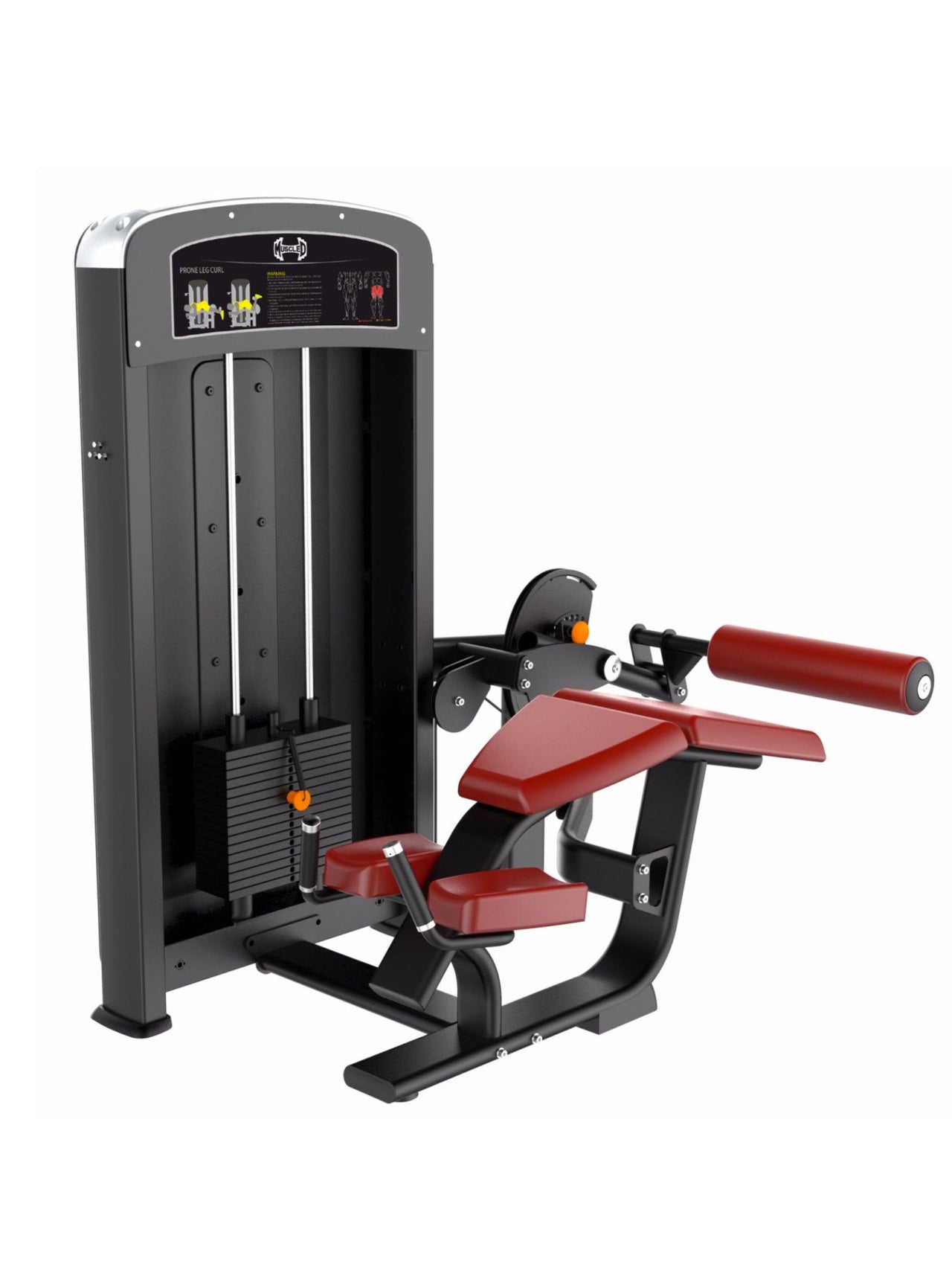 Black and red prone leg curl machine with weight stack and adjustable seat.