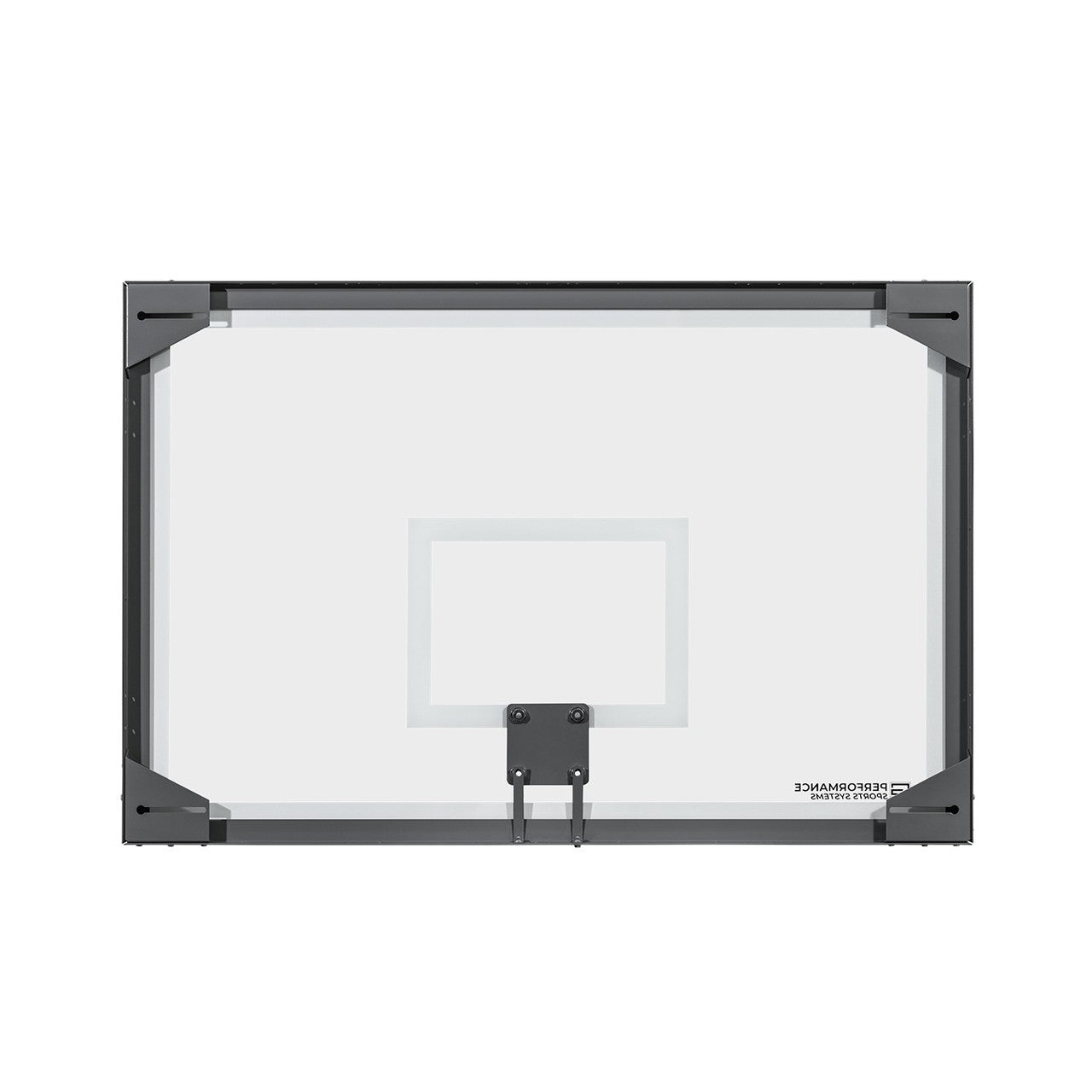Glass basketball backboard rear view showing the mounting structure — 72"×48", model RG