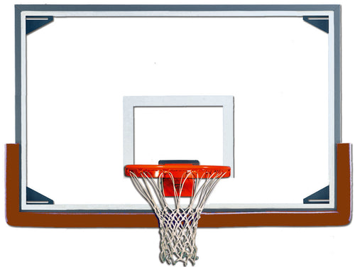 Oversized steel-framed glass basketball backboard with an orange rim and white net.