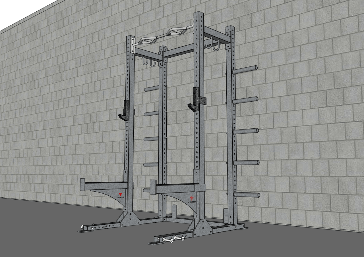 Gray half rack with multi-grip pull-up bar, J-hooks, and plate storage, against a gray brick wall.