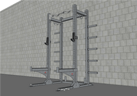 Thumbnail for Gray half rack with multi-grip pull-up bar, J-hooks, and plate storage, against a gray brick wall.