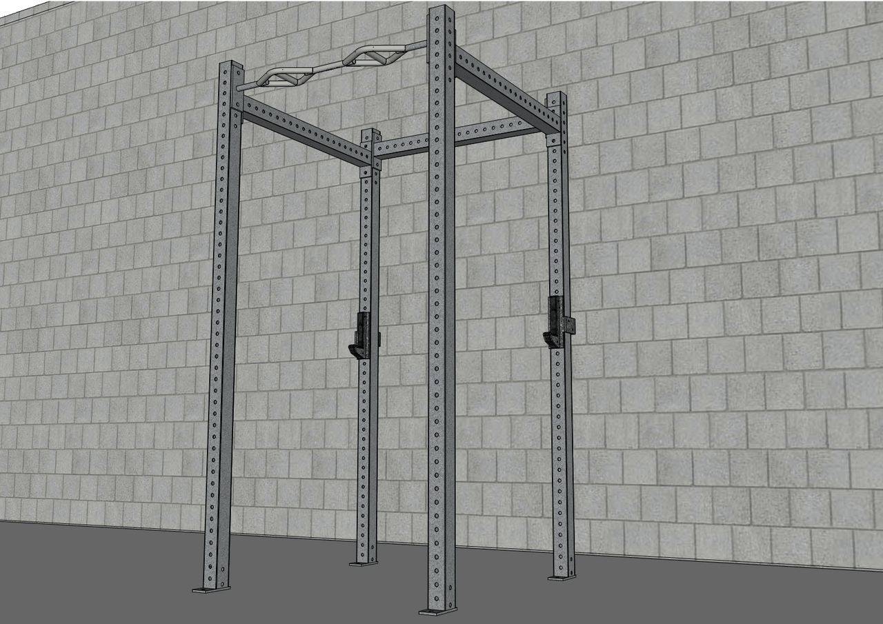 Gray 4-post steel power rack with pull-up bar and J-hooks against a gray brick wall.