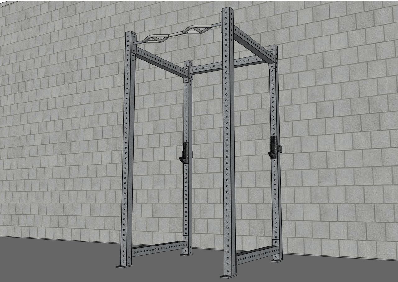 Gray 4-post steel power rack with a multi-grip pull-up bar and J-hooks against a brick wall.