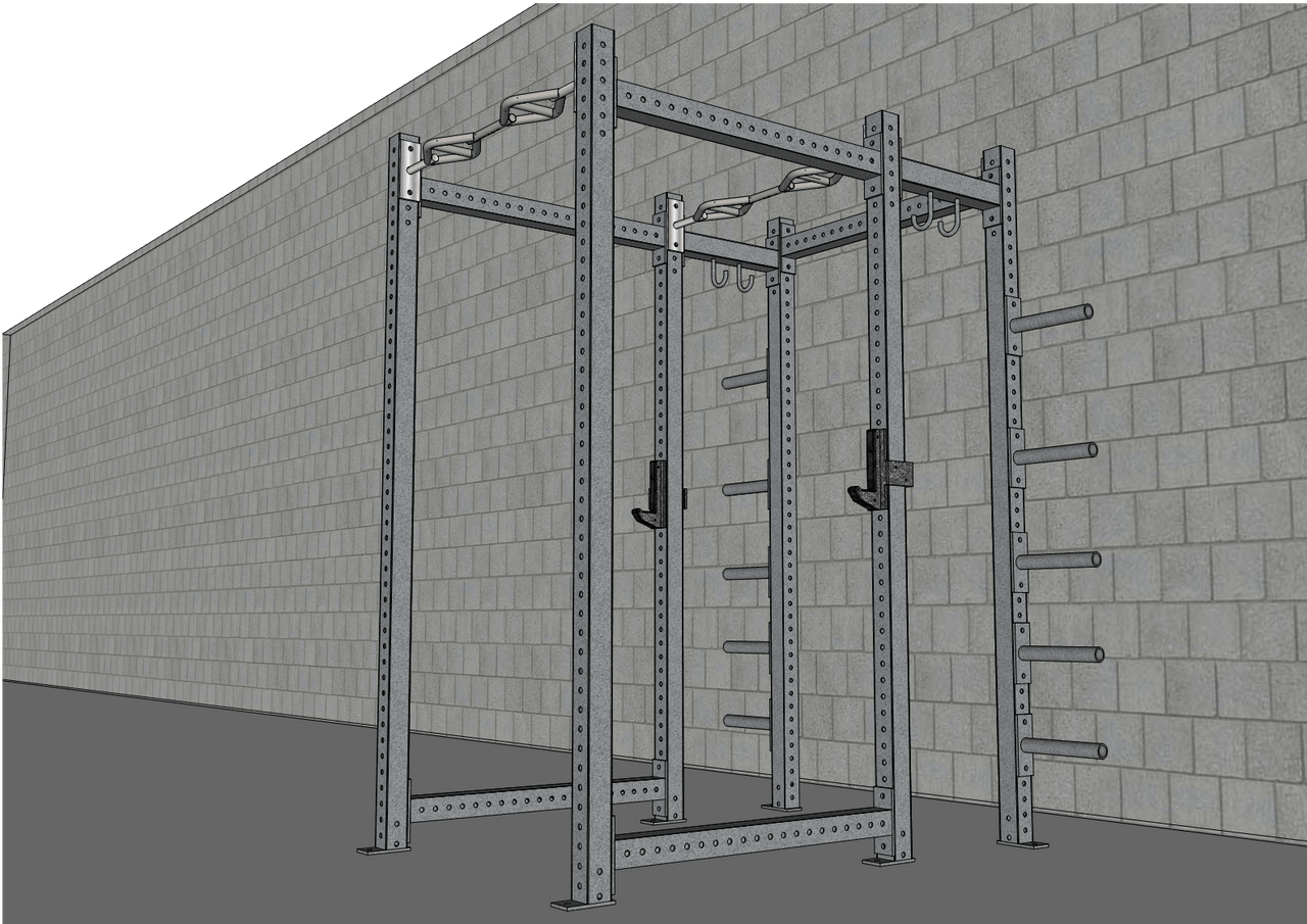 Gray steel full power rack with multi-grip pull-up bar, J-hooks, and plate storage against a brick wall.