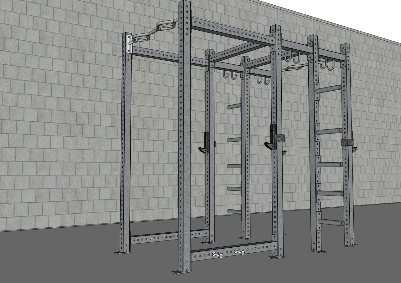Gray steel commercial gym rack with multi-grip pull-up bar, plate storage, and J-hooks against a brick wall.