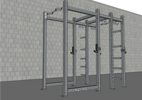 Thumbnail for Gray steel commercial gym rack with multi-grip pull-up bar, plate storage, and J-hooks against a brick wall.
