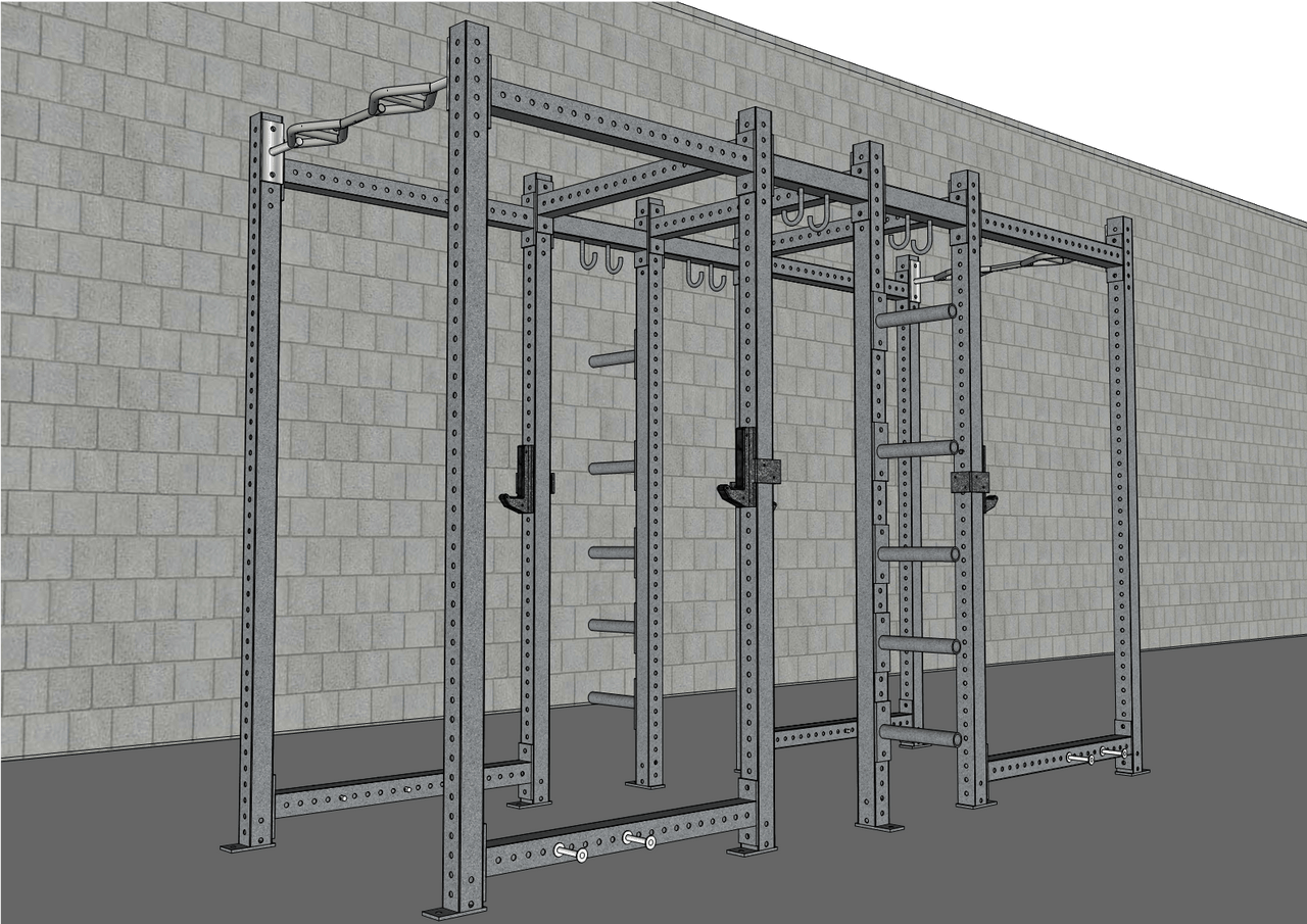 Gray steel dual power rack with multi-grip pull-up bar, plate storage, and J-hooks against a brick wall.